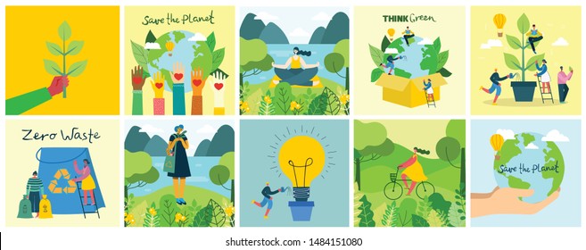 Set Of Flat Design Concept Icons Of Ecology, Think Green, Waste Recycle And Save The Planet.People Are Engaged In Recycling Garbage