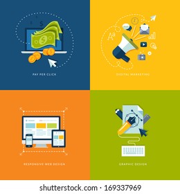 Set of flat design concept icons for web and mobile services and apps. Icons for pay per click internet advertising, digital marketing, responsive web design and graphic design.