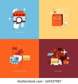 Set of flat design concept icons for online shopping. Icons for online shop, add to bag, payment methods and delivery.