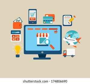 Set of flat design concept icons for online shopping. Icons for online shop, payment methods and delivery.