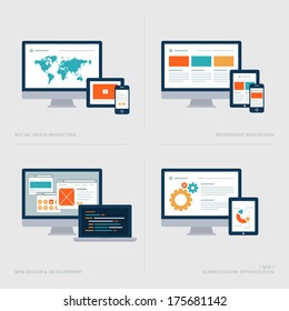 Set of flat design concept icons for Social media marketing, Responsive web design, Web design and development, SEO