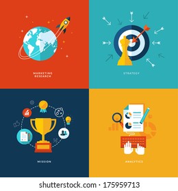 Set of flat design concept icons for web and mobile phone services and apps. Icons for marketing research, strategy, mission, analytics.