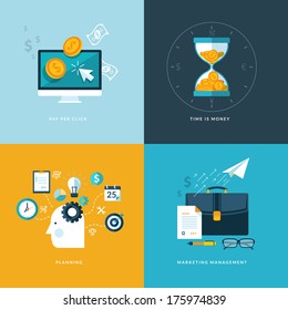 Set of flat design concept icons for web and mobile phone services and apps. Icons for pay per click, planning, marketing management, time is money.