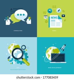 Set of flat design concept icons for web and mobile services and apps. Icons for consulting, news, seo, web development.