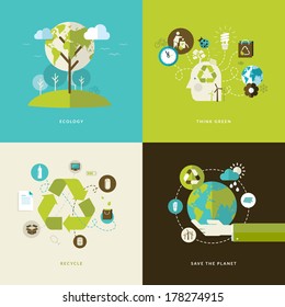 Set of flat design concept icons for web and mobile phone services and apps. Icons for ecology, think green, recycle and save the planet.