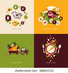 Set Of Flat Design Concept Icons For Organic Food And Drink. Icons For Organic Milk, Farm  Fresh Products, Locally Grown And Organic  Food.