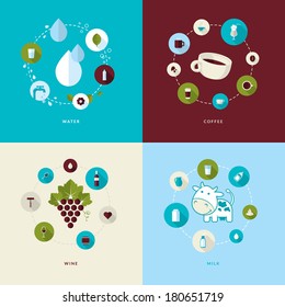 Set of flat design concept icons for water, coffee, wine and milk. Icons for manufacturers, restaurants, shops, e-commerce, advertising, web services and apps, and printed materials.