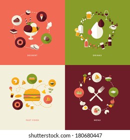 Set of flat design concept icons for restaurant, food and drink. Icons for dessert, drinks, fast food, menu.