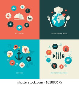 Set of flat design concept icons for restaurant. Icons for restaurant, international food, seafood, Mediterranean food.    