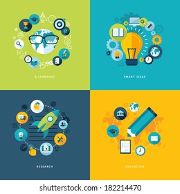 Set Of Flat Design Concept Icons For Education. Icons For Online Learning, Smart Ideas, Research And Education.