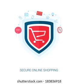 Set of flat design concept icons for secure online shopping. Teaser or splash screen illustration for safe the add to cart or payment transaction in e-commerce web site.