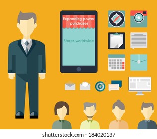 Set of flat design concept icons for infographic and presentation. Icons for mobile marketing, email marketing, video marketing and digital marketing.