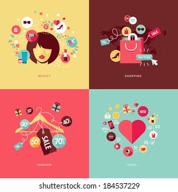 Set of flat design concept icons for beauty and shopping. Icons for beauty, shopping, fashion and love concept.
