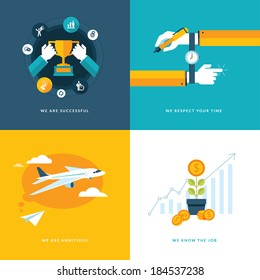 Set of flat design concept icons for business. Icons for successful, ambitious, respect your time, and expertise and professionalism in job