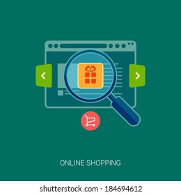 Set of flat design concept icons for online shopping. Icons for online shop, add to bag, browse goods, products in web shop. Search online shop.