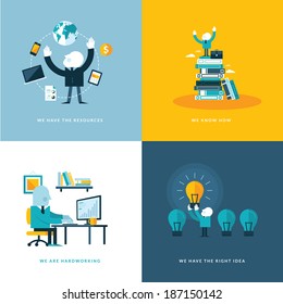 Set of flat design concept icons for business. Icons for company resources, know how, hardworking, and creativity.  