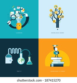 Set of flat design concept icons for web and mobile phone services and apps. Icons for learning, knowledge grows, test it, knowledge is power.   