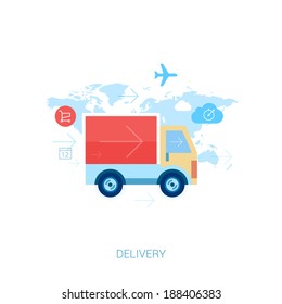  Set of flat design concept icons for online shopping and purchase delivery. Lorry or truck over world map.