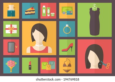 Set of flat design concept icons for beauty and shopping. Woman needs, shopping preferences and wishes. Vector illustration.