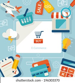 Set of flat design concept icons for online shopping. Icons for online shop, add to bag, payment methods and delivery. 