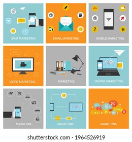 Conjunto de iconos de concepto de diseño plano para servicios y aplicaciones web y móviles. Iconos para diseño web, SEO, medios sociales y publicidad en línea