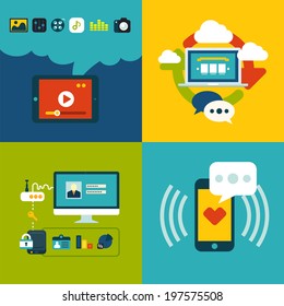 Set of flat design concept icons for web and mobile phone services and apps, icons for mobile email marketing, video digital marketing