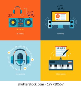 Set of flat design concept icons for music industry. Icons for dj music, playing, music recording, piano composing.