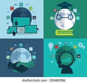 Set of flat design concept icons for web, social network, education, investment, global business, Abstract infographic modern design template workflow advertising layout, diagram, Vector illustration