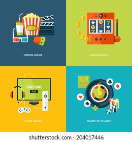 Set of flat design concept icons for entertainment kinds. Icons for cinema movie, casino slots gaming, video games, games of chance. 