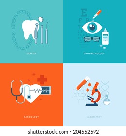 Set of flat design concept icons for web and mobile phone services and apps. Icons for dentist, ophthalmology, cardiology and laboratory.