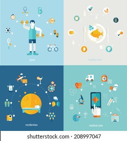 Set of flat design concept icons for web and mobile phone rest and relax, medical, Healthy style  life, healthy food and farm fresh concept. Sports Health Infographics, flat style, vector.