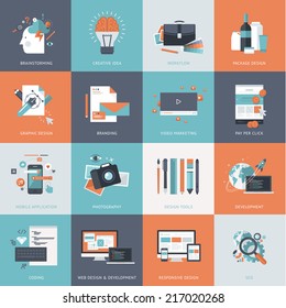 Set Of Flat Design Concept Icons Website Development, Graphic Design, Branding, Seo, Web And Mobile Apps Development, Marketing And E-commerce. 