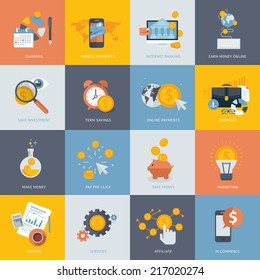 Set flat design concept icons for finance  banking  online payment  online commerce  Icons for website development   mobile phone services   apps   
