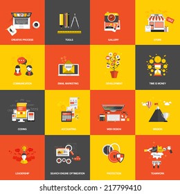 Set of flat design concept icons website development, creative process, store, seo, gallery, tools , time is money, teamwork and accounting. Vector