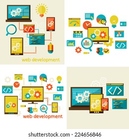 Set of flat design concept icons for web and mobile phone services and apps. Icons for web design, application development, services and programming.