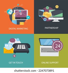 Set of flat design concept icons for digital marketing,partnership and online support.Concepts for web banners, printed materials and social media.