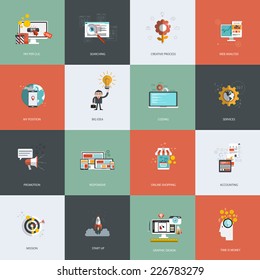 Set of flat design concept icons for pay per clic, creative process, searching, web analysis, my position, promotion , time is money, services, mission, online shopping and accounting. Vector