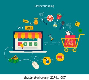 Set of flat design concept icons for web and mobile phone services and apps. Icons for mobile marketing and online shopping