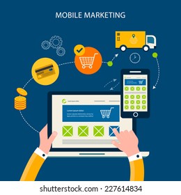 Conjunto de iconos de concepto de diseño plano para servicios y aplicaciones web y de telefonía móvil. Iconos para marketing móvil y compras en línea