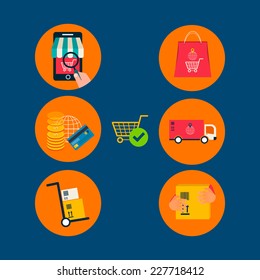 Set of flat design concept icons for web and mobile phone services and apps. Icons for mobile marketing and online shopping