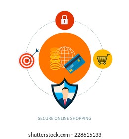 Set of flat design concept icons for secure online shopping. 