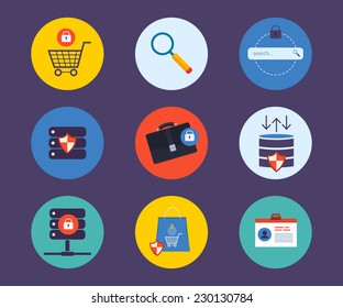 Set of flat design concept icons for technology security and data protection, search engine optimization. Icons for website development and mobile phone services and apps.