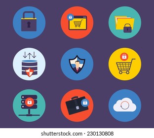Set of flat design concept icons for technology security and data protection, search engine optimization. Icons for website development and mobile phone services and apps.