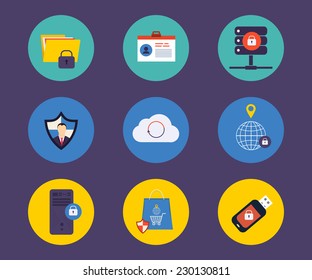 Set of flat design concept icons for technology security and data protection, search engine optimization. Icons for website development and mobile phone services and apps.
