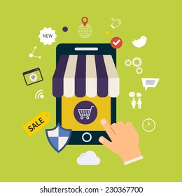 Set of flat design concept icons for web and mobile phone services and apps. Icons for mobile marketing, pay per click and secure online shopping