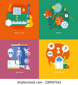 Set Of Flat Design Concept Icons For School And Education. Icons For Music, Sports, Anatomy And Philosophy.