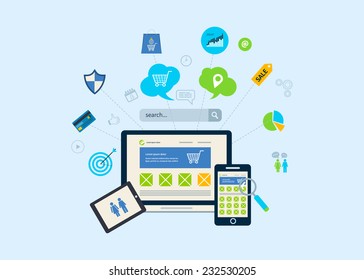 Set of flat design concept icons for web and mobile phone services and apps. Icons for mobile marketing and online shopping
