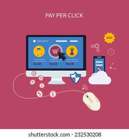 Set of flat design concept icons for web and mobile phone services and apps. Icons for pay per click and secure online shopping