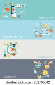 Set of flat design concept icons for web and mobile phone rest and relax, medical, Healthy style life, healthy food and farm fresh concept. Sports Health Infographics, flat style, vector.