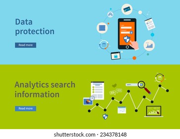 Set of flat design concept icons for analytics search information and data protection. Concepts for web banners and printed materials.